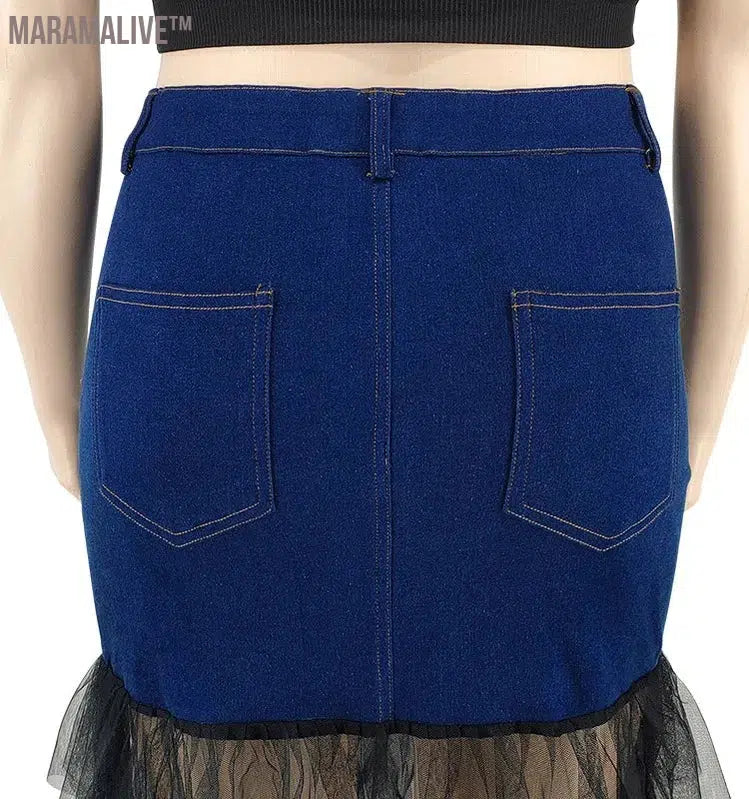 Plus Size Only Skirts Women's Clothing Denim Maxi With Mesh Patchwork Sexy Medium Stretch