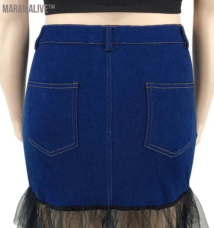 Plus Size Only Skirts Women's Clothing Denim Maxi With Mesh Patchwork Sexy Medium Stretch