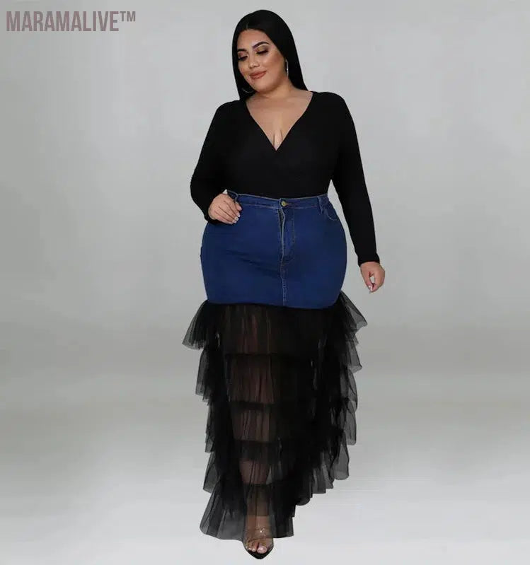 Plus Size Only Skirts Women's Clothing Denim Maxi With Mesh Patchwork Sexy Medium Stretch