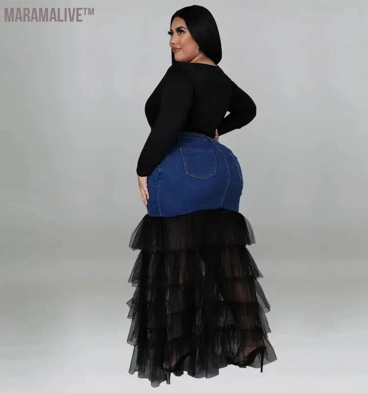 Plus Size Only Skirts Women's Clothing Denim Maxi With Mesh Patchwork Sexy Medium Stretch