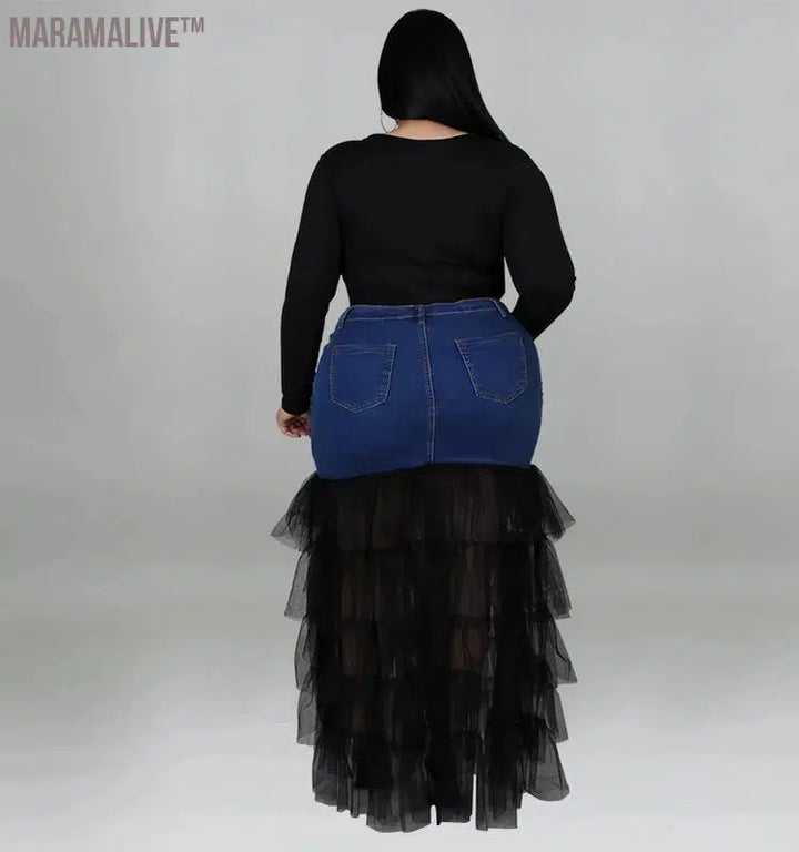 Plus Size Only Skirts Women's Clothing Denim Maxi With Mesh Patchwork Sexy Medium Stretch