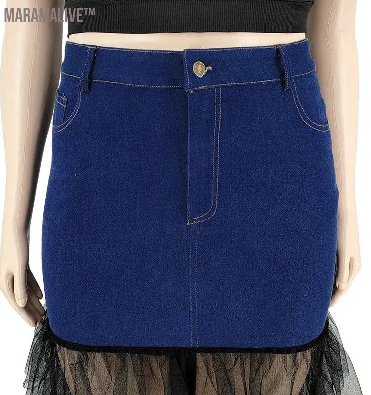 Plus Size Only Skirts Women's Clothing Denim Maxi With Mesh Patchwork Sexy Medium Stretch