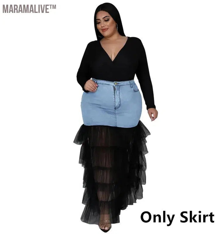 Plus Size Only Skirts Women's Clothing Denim Maxi With Mesh Patchwork Sexy Medium Stretch