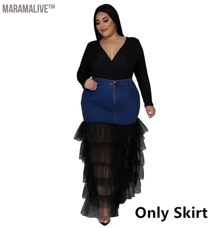 Plus Size Only Skirts Women's Clothing Denim Maxi With Mesh Patchwork Sexy Medium Stretch