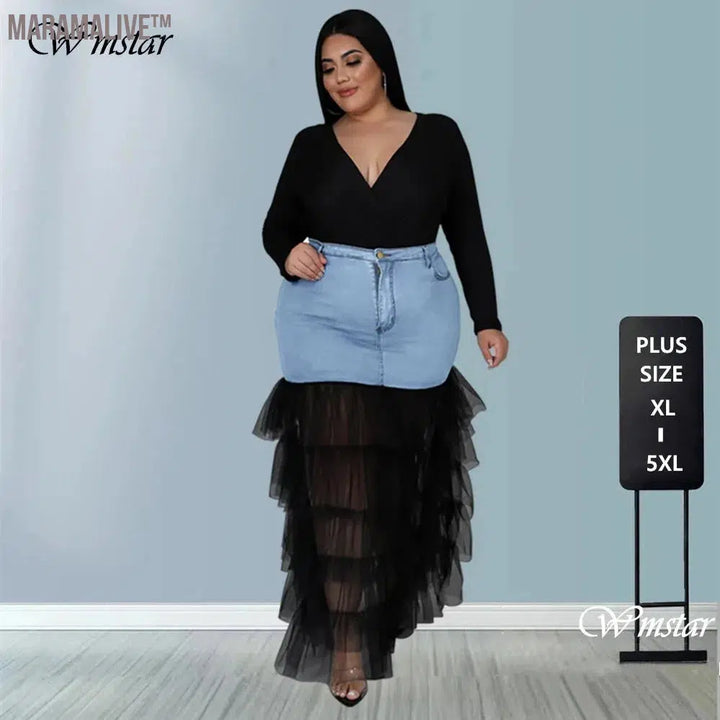 Plus Size Only Skirts Women's Clothing Denim Maxi With Mesh Patchwork Sexy Medium Stretch