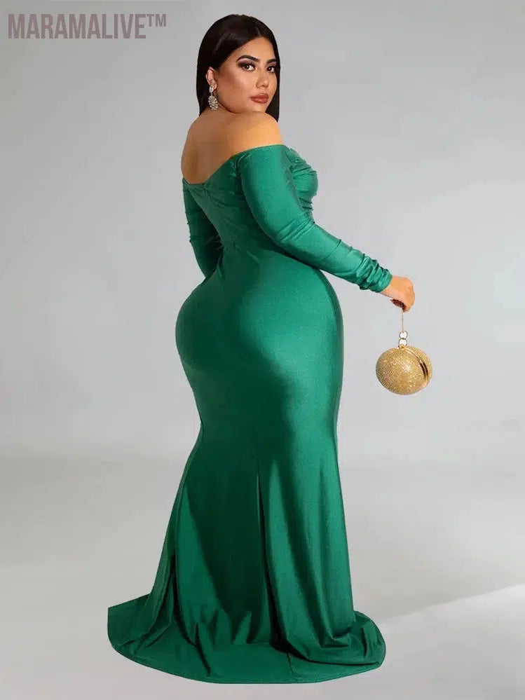 Plus Size Party Dresses for Women Off Shoulder V Neck Slip Hem Elegant Full Length Maxi Dress