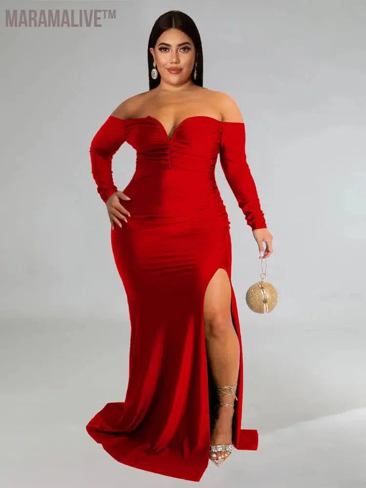 Plus Size Party Dresses for Women Off Shoulder V Neck Slip Hem Elegant Full Length Maxi Dress