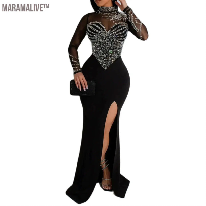 Plus Size Pearl Party Dress Female Diamond Sheer Mesh Clothing Evening Luxury Club Outfit 2024 Spring Elegant Pretty Women Dress