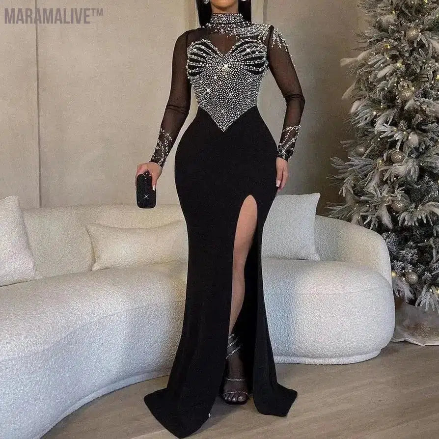 Plus Size Pearl Party Dress Female Diamond Sheer Mesh Clothing Evening Luxury Club Outfit 2024 Spring Elegant Pretty Women Dress