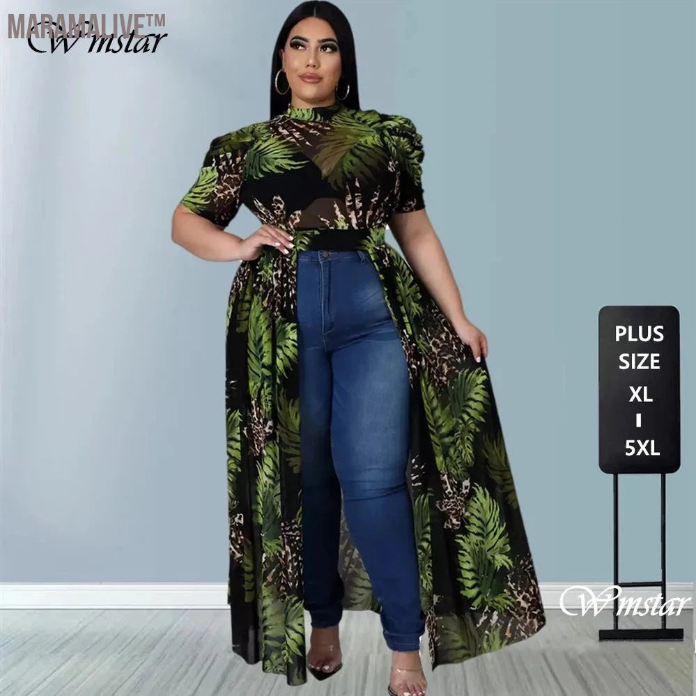 Plus Size Plus Size T-Shirts Print Women Tops Puff Short Sleeve Mesh See Through Sexy Chiffon