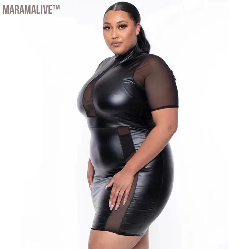 Plus Size Sheer Leather Mini Dress Female Patchwork Mesh Outfit 2023 Women Fashion Elegant Clothing Large Size One Piece Dress