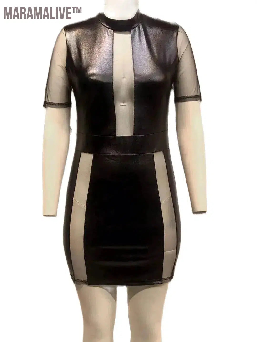 Plus Size Sheer Leather Mini Dress Female Patchwork Mesh Outfit 2023 Women Fashion Elegant Clothing Large Size One Piece Dress