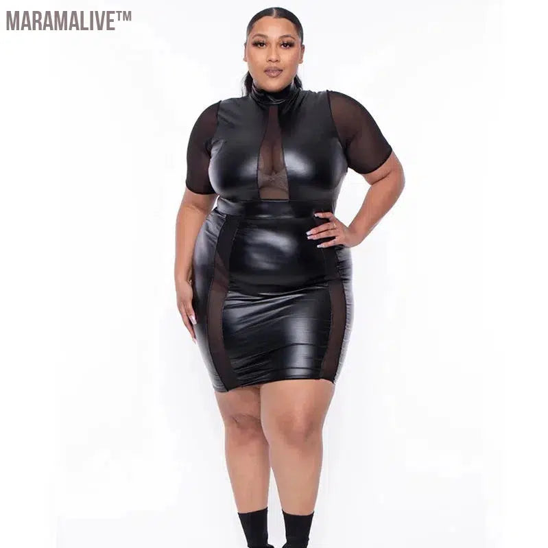 Plus Size Sheer Leather Mini Dress Female Patchwork Mesh Outfit 2023 Women Fashion Elegant Clothing Large Size One Piece Dress