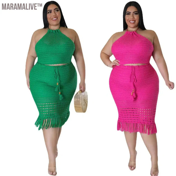 Plus Size Skirts Sets Women New In Matching Clothes 2 Piece Outfits Knitting Crop Top Maxi Skirt