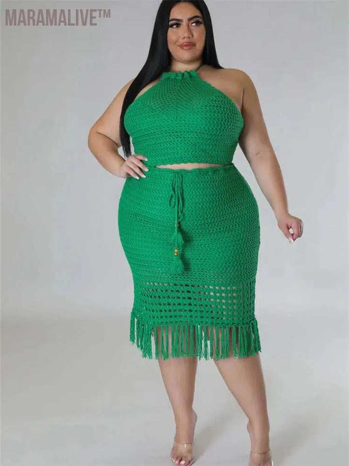 Plus Size Skirts Sets Women New In Matching Clothes 2 Piece Outfits Knitting Crop Top Maxi Skirt