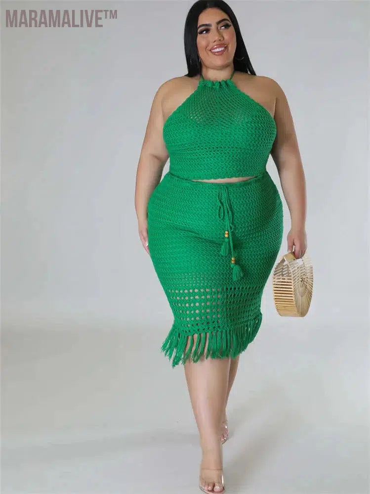 Plus Size Skirts Sets Women New In Matching Clothes 2 Piece Outfits Knitting Crop Top Maxi Skirt