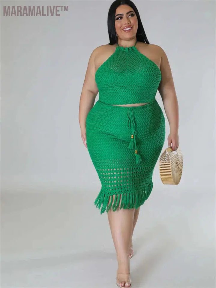 Plus Size Skirts Sets Women New In Matching Clothes 2 Piece Outfits Knitting Crop Top Maxi Skirt