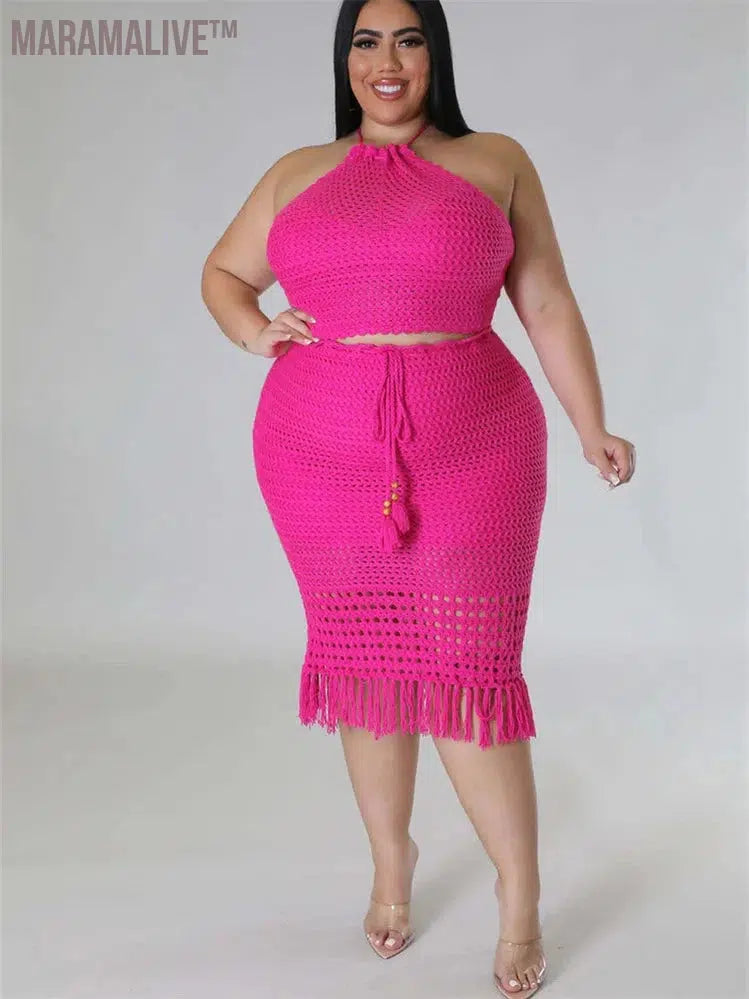 Plus Size Skirts Sets Women New In Matching Clothes 2 Piece Outfits Knitting Crop Top Maxi Skirt