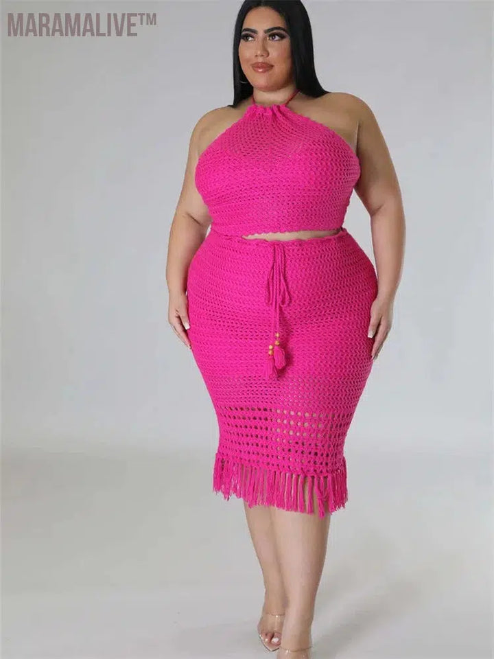 Plus Size Skirts Sets Women New In Matching Clothes 2 Piece Outfits Knitting Crop Top Maxi Skirt