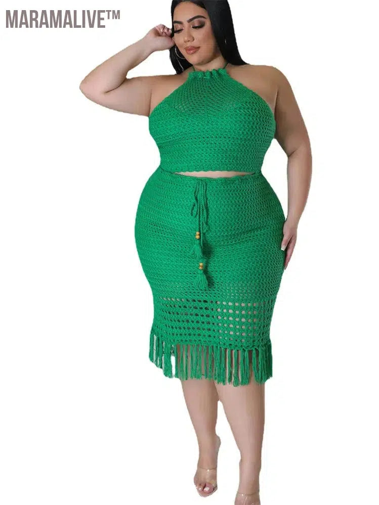 Plus Size Skirts Sets Women New In Matching Clothes 2 Piece Outfits Knitting Crop Top Maxi Skirt