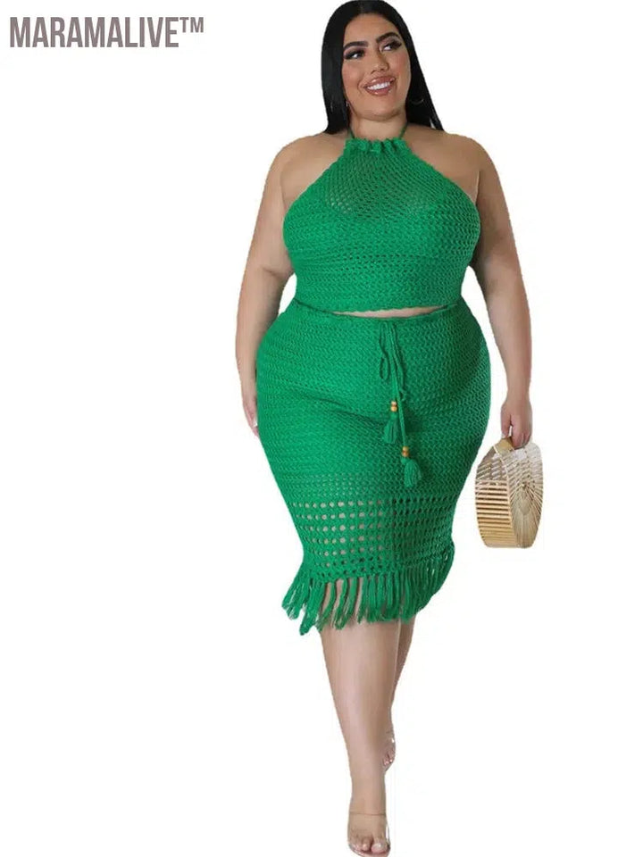 Plus Size Skirts Sets Women New In Matching Clothes 2 Piece Outfits Knitting Crop Top Maxi Skirt