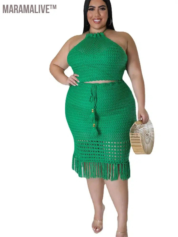 Plus Size Skirts Sets Women New In Matching Clothes 2 Piece Outfits Knitting Crop Top Maxi Skirt