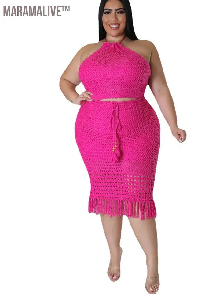 Plus Size Skirts Sets Women New In Matching Clothes 2 Piece Outfits Knitting Crop Top Maxi Skirt