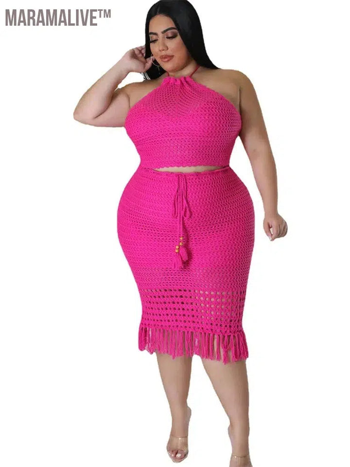 Plus Size Skirts Sets Women New In Matching Clothes 2 Piece Outfits Knitting Crop Top Maxi Skirt