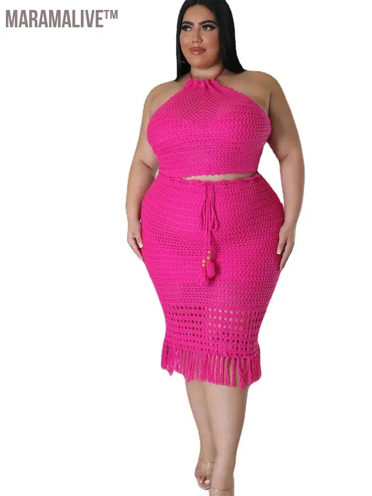 Plus Size Skirts Sets Women New In Matching Clothes 2 Piece Outfits Knitting Crop Top Maxi Skirt