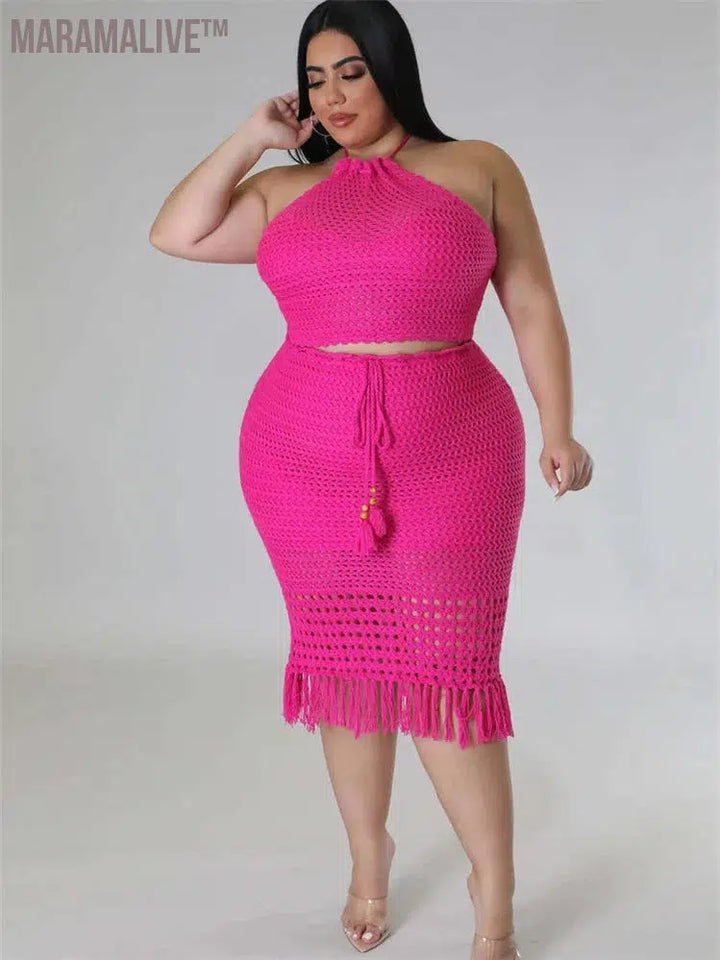 Plus Size Skirts Sets Women New In Matching Clothes 2 Piece Outfits Knitting Crop Top Maxi Skirt