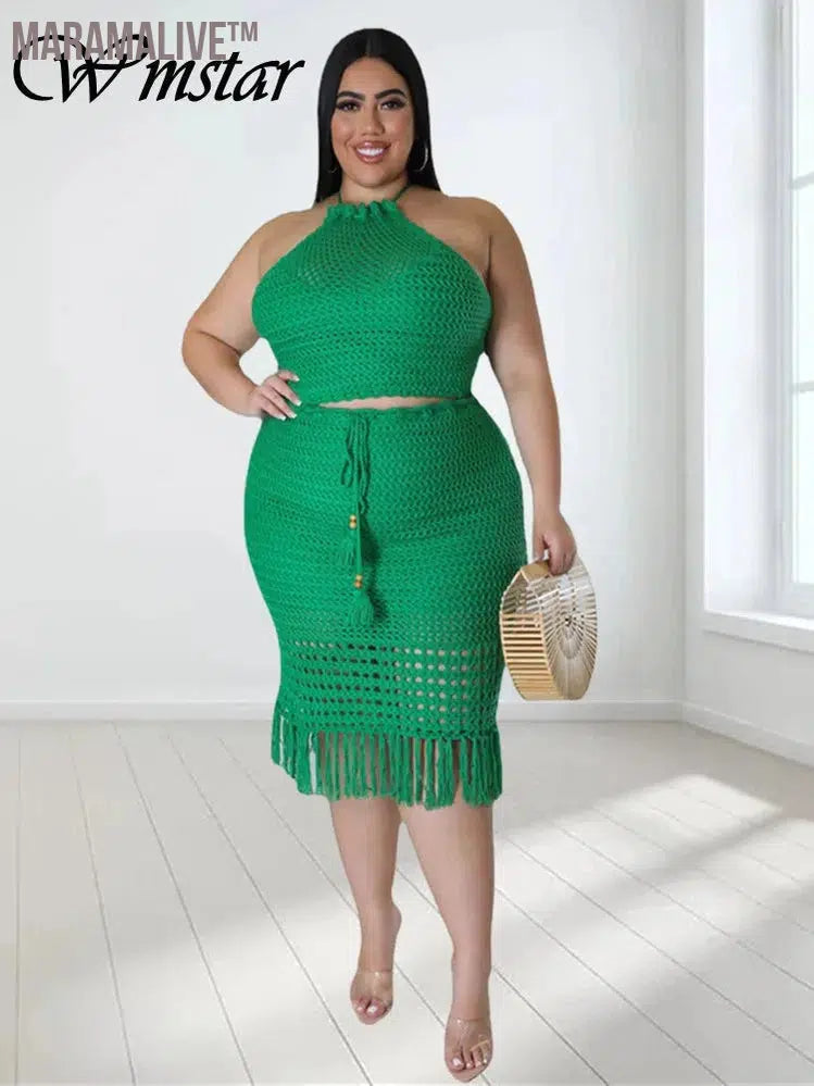 Plus Size Skirts Sets Women New In Matching Clothes 2 Piece Outfits Knitting Crop Top Maxi Skirt