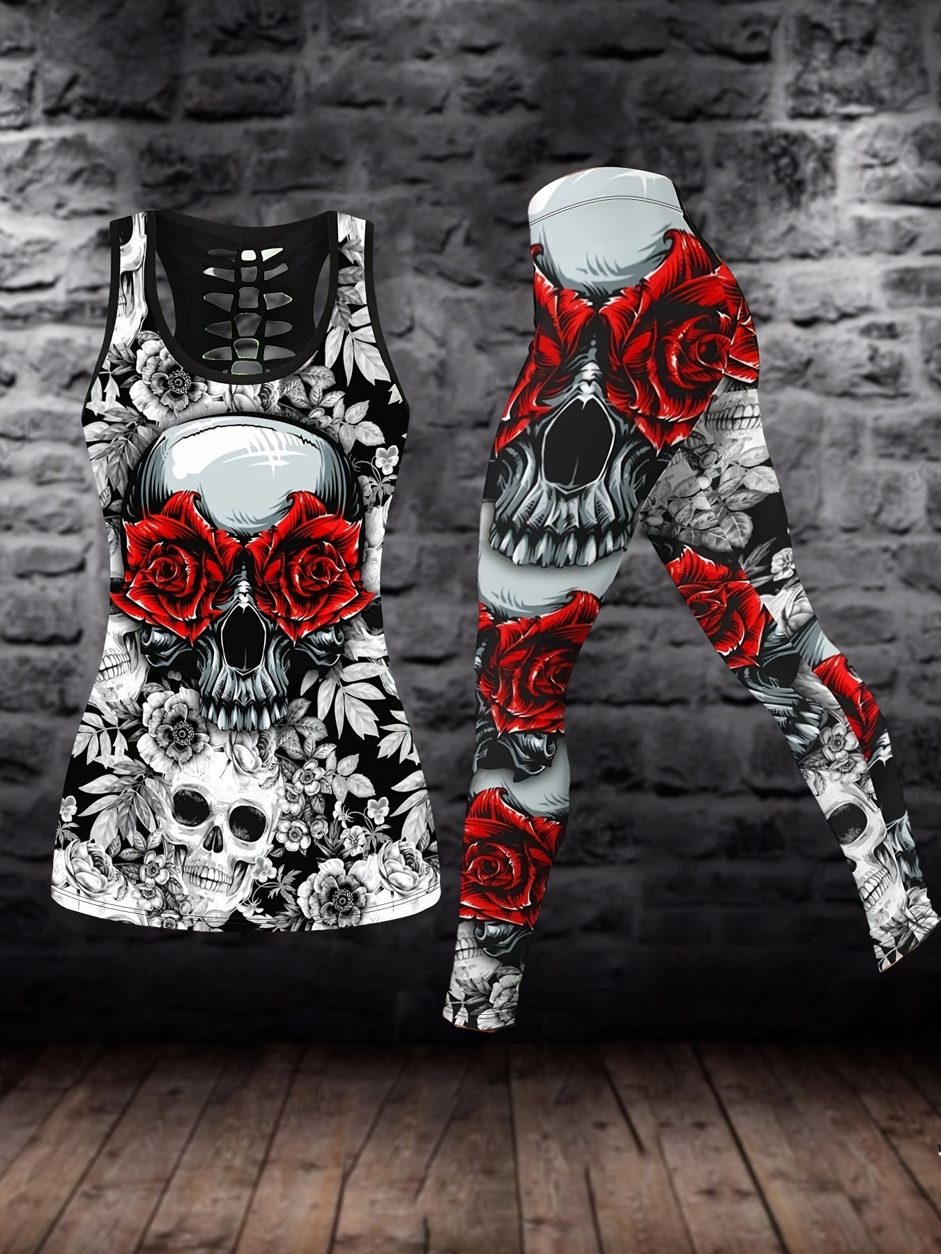 Plus Size Skull & Floral Print Two-piece Set, Crew Neck Racerback Tank Top & Slim Pants Outfits, Women's Plus Size Clothing