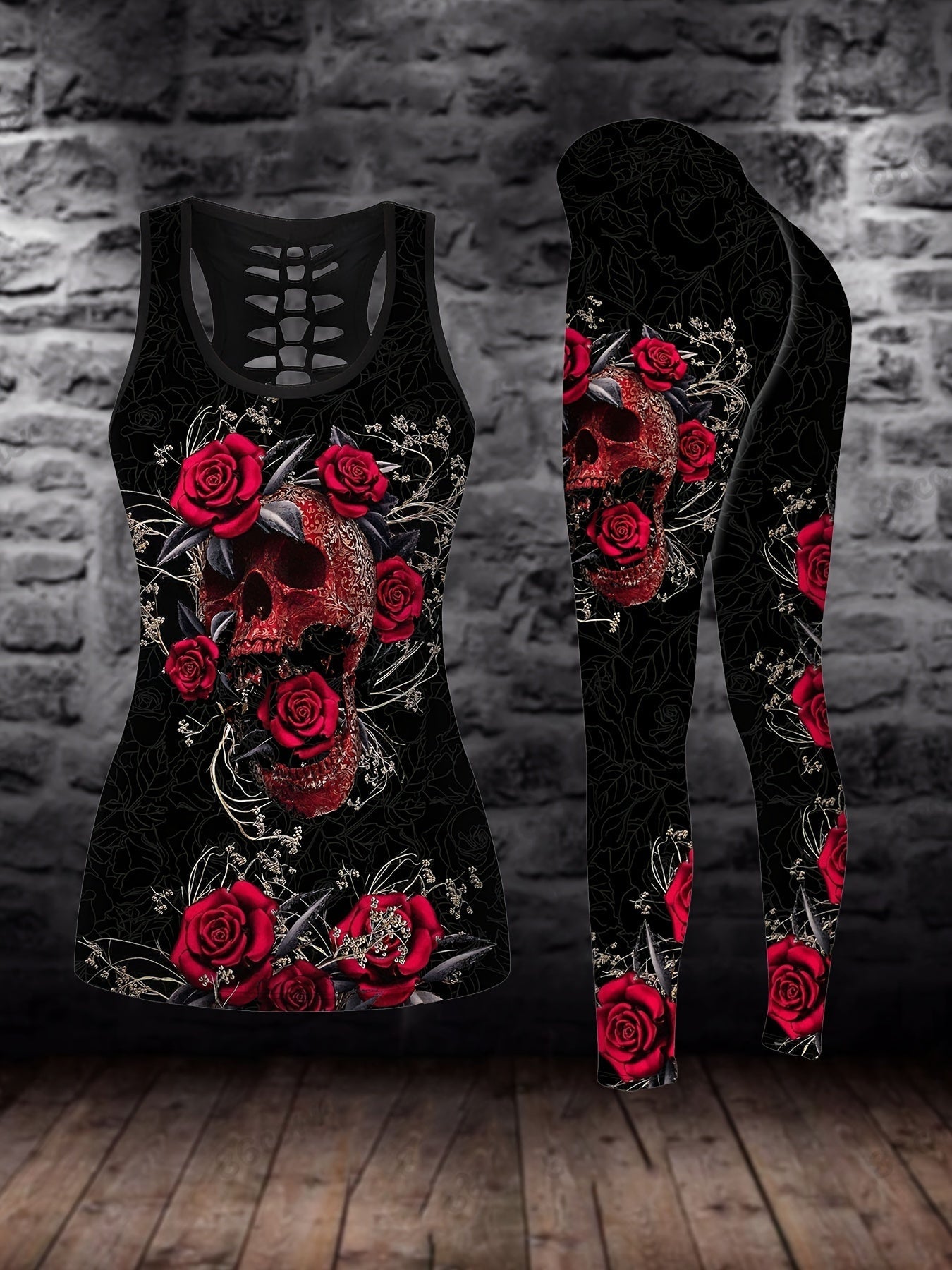 Plus Size Skull & Floral Print Two-piece Set, Crew Neck Racerback Tank Top & Slim Pants Outfits, Women's Plus Size Clothing