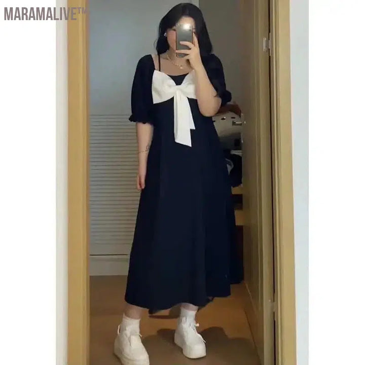 Plus Size Straight Neck Off Shoulder Slim Dress Bow A-line Waist High Long Dress Sweet Simplicity Summer Korean Women Clothing