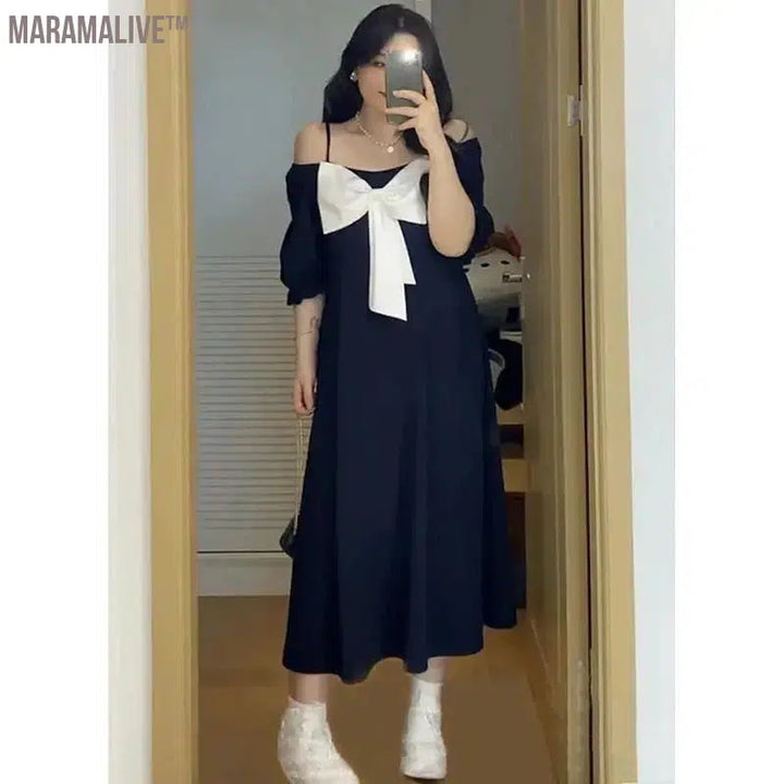 Plus Size Straight Neck Off Shoulder Slim Dress Bow A-line Waist High Long Dress Sweet Simplicity Summer Korean Women Clothing