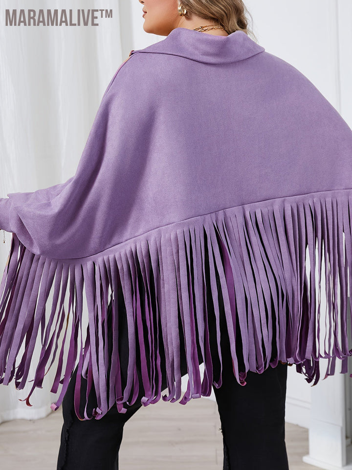 Plus Size Trendy Top, Women's Plus Solid Batwing Sleeve Mock Neck Fringe Trim Cloak Top