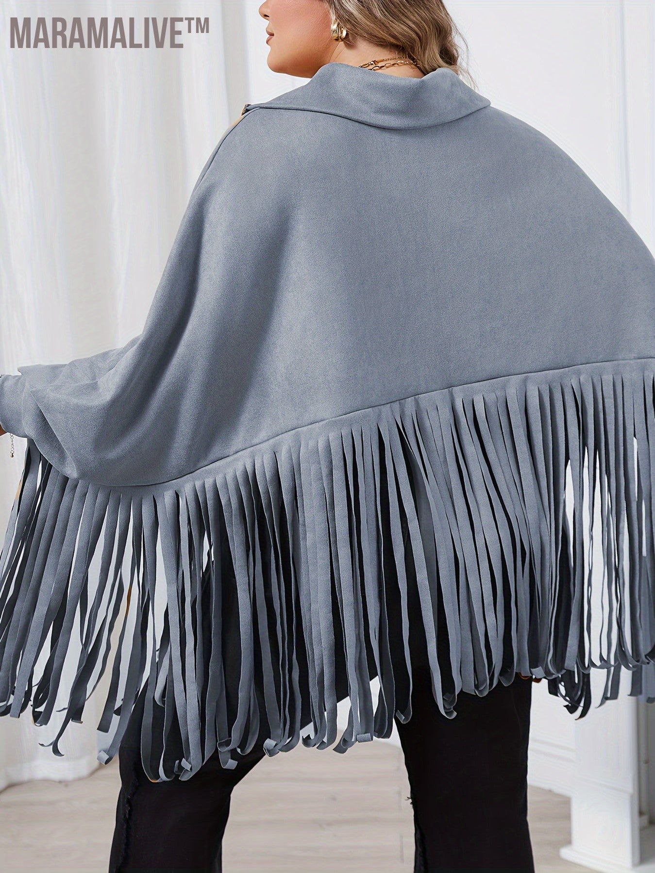 Plus Size Trendy Top, Women's Plus Solid Batwing Sleeve Mock Neck Fringe Trim Cloak Top