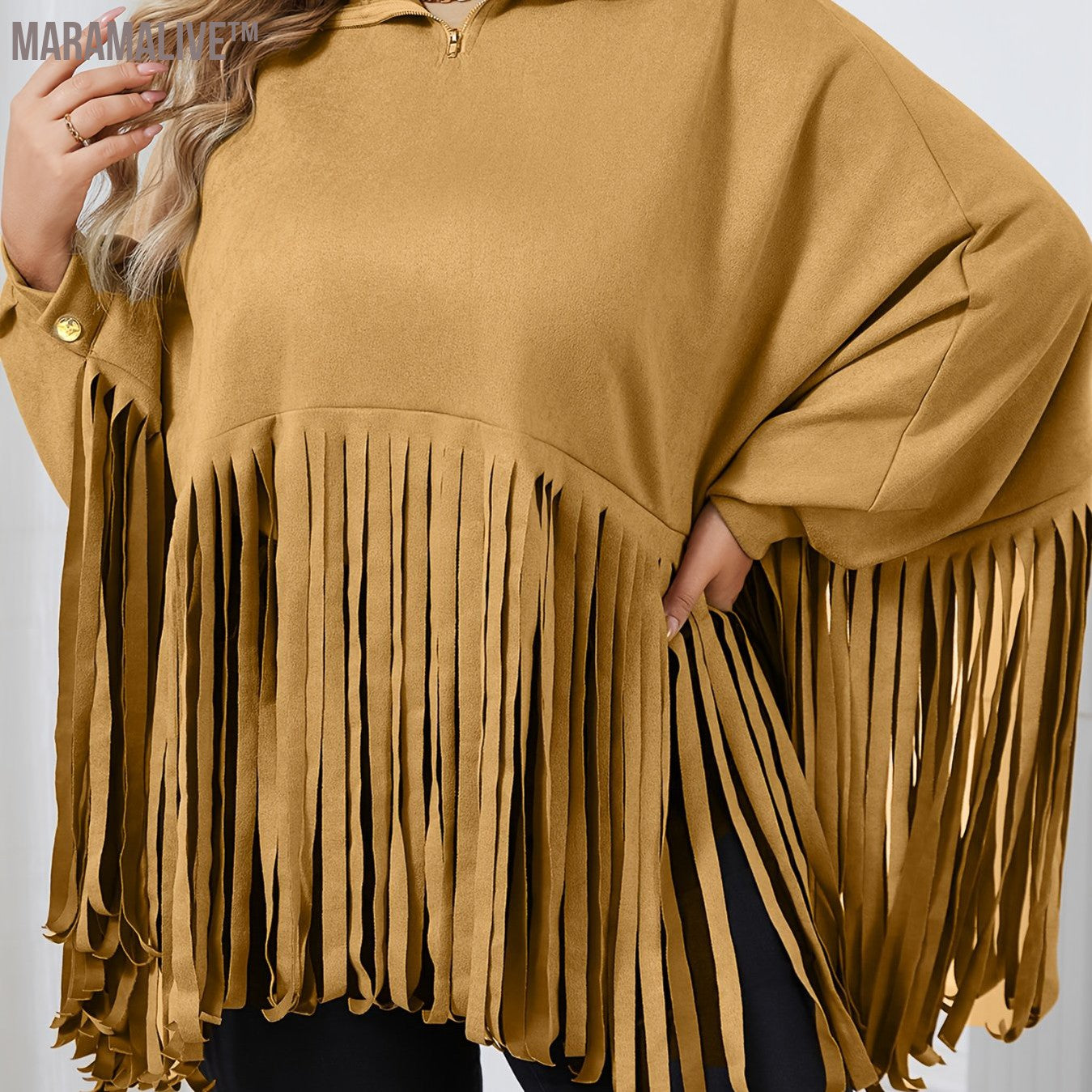 Plus Size Trendy Top, Women's Plus Solid Batwing Sleeve Mock Neck Fringe Trim Cloak Top