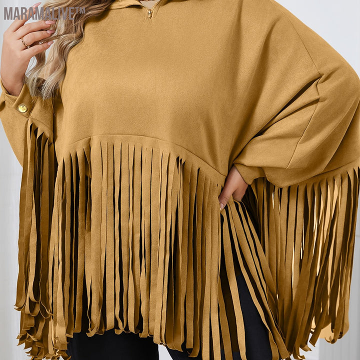 Plus Size Trendy Top, Women's Plus Solid Batwing Sleeve Mock Neck Fringe Trim Cloak Top