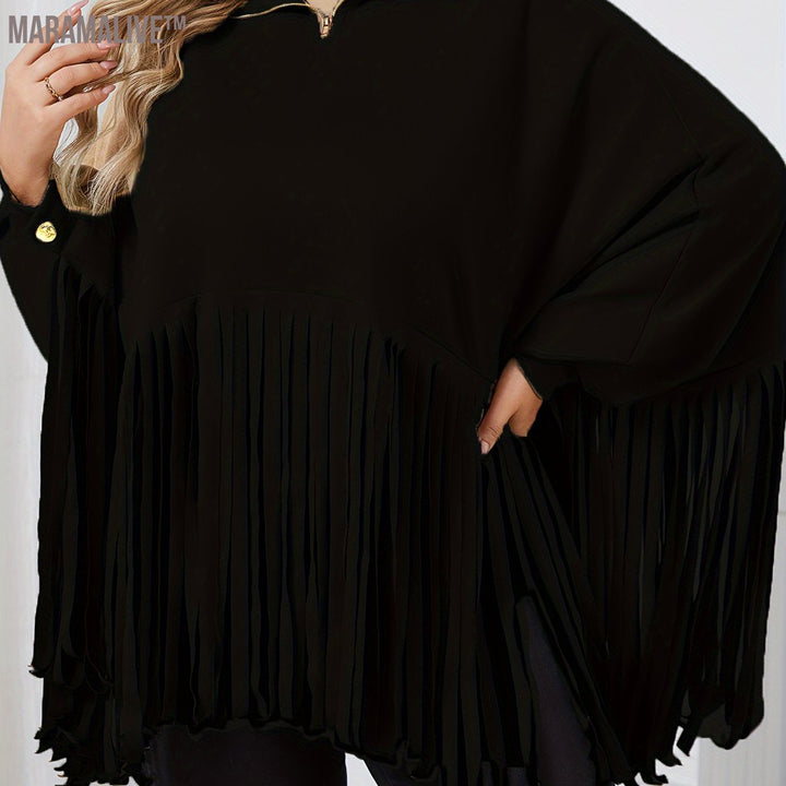 Plus Size Trendy Top, Women's Plus Solid Batwing Sleeve Mock Neck Fringe Trim Cloak Top