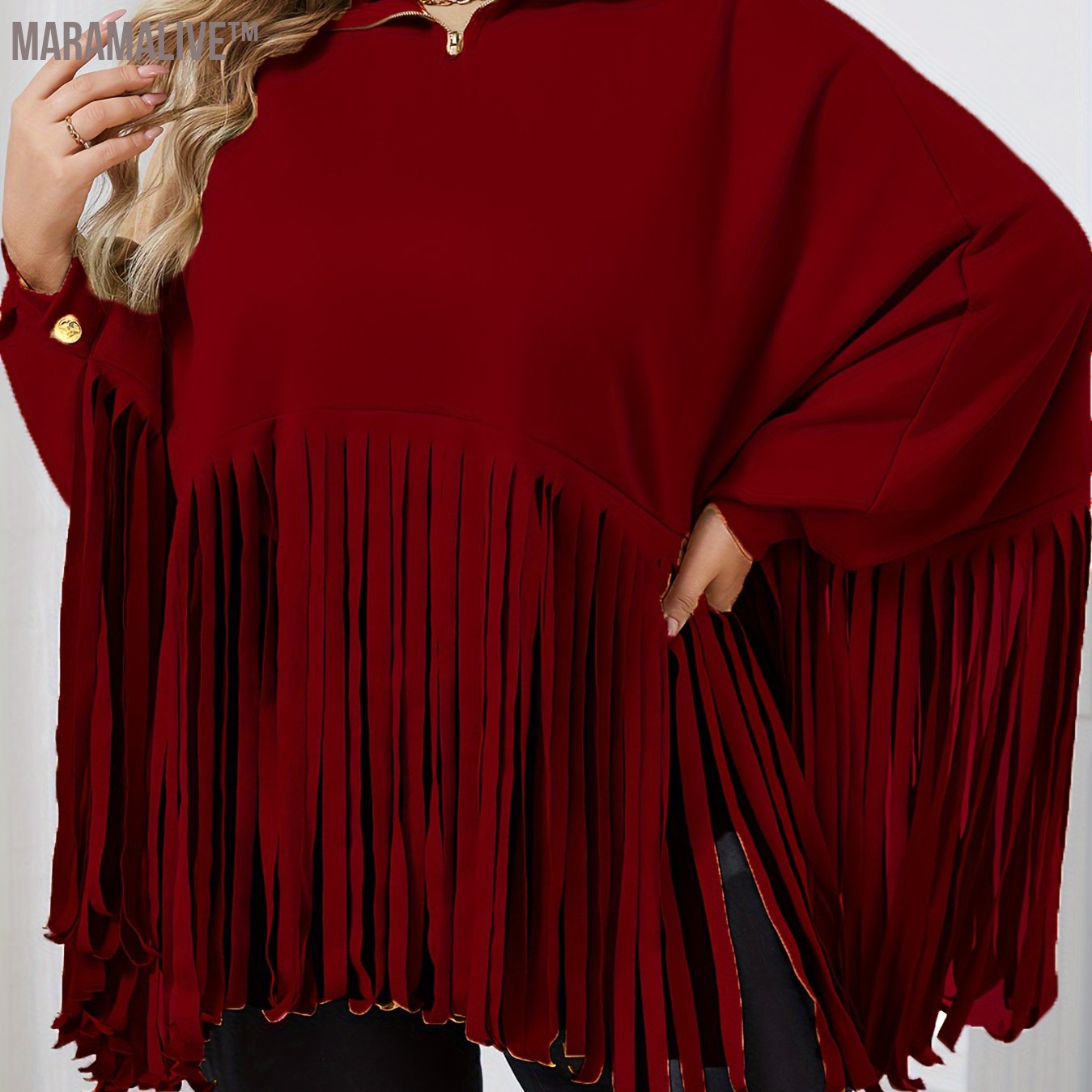 Plus Size Trendy Top, Women's Plus Solid Batwing Sleeve Mock Neck Fringe Trim Cloak Top