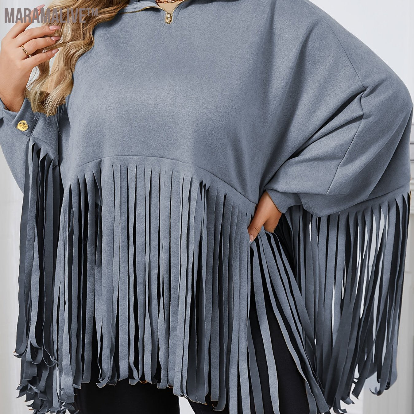 Plus Size Trendy Top, Women's Plus Solid Batwing Sleeve Mock Neck Fringe Trim Cloak Top