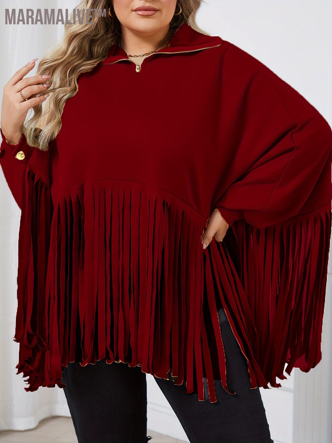 Plus Size Trendy Top, Women's Plus Solid Batwing Sleeve Mock Neck Fringe Trim Cloak Top