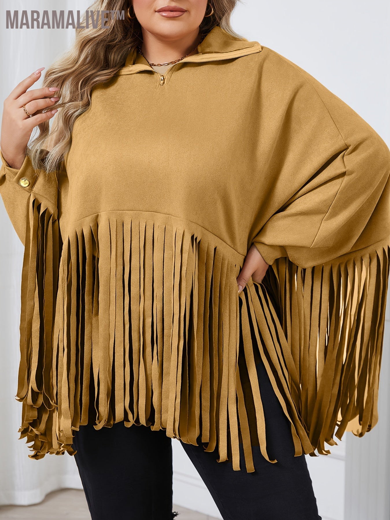 Plus Size Trendy Top, Women's Plus Solid Batwing Sleeve Mock Neck Fringe Trim Cloak Top