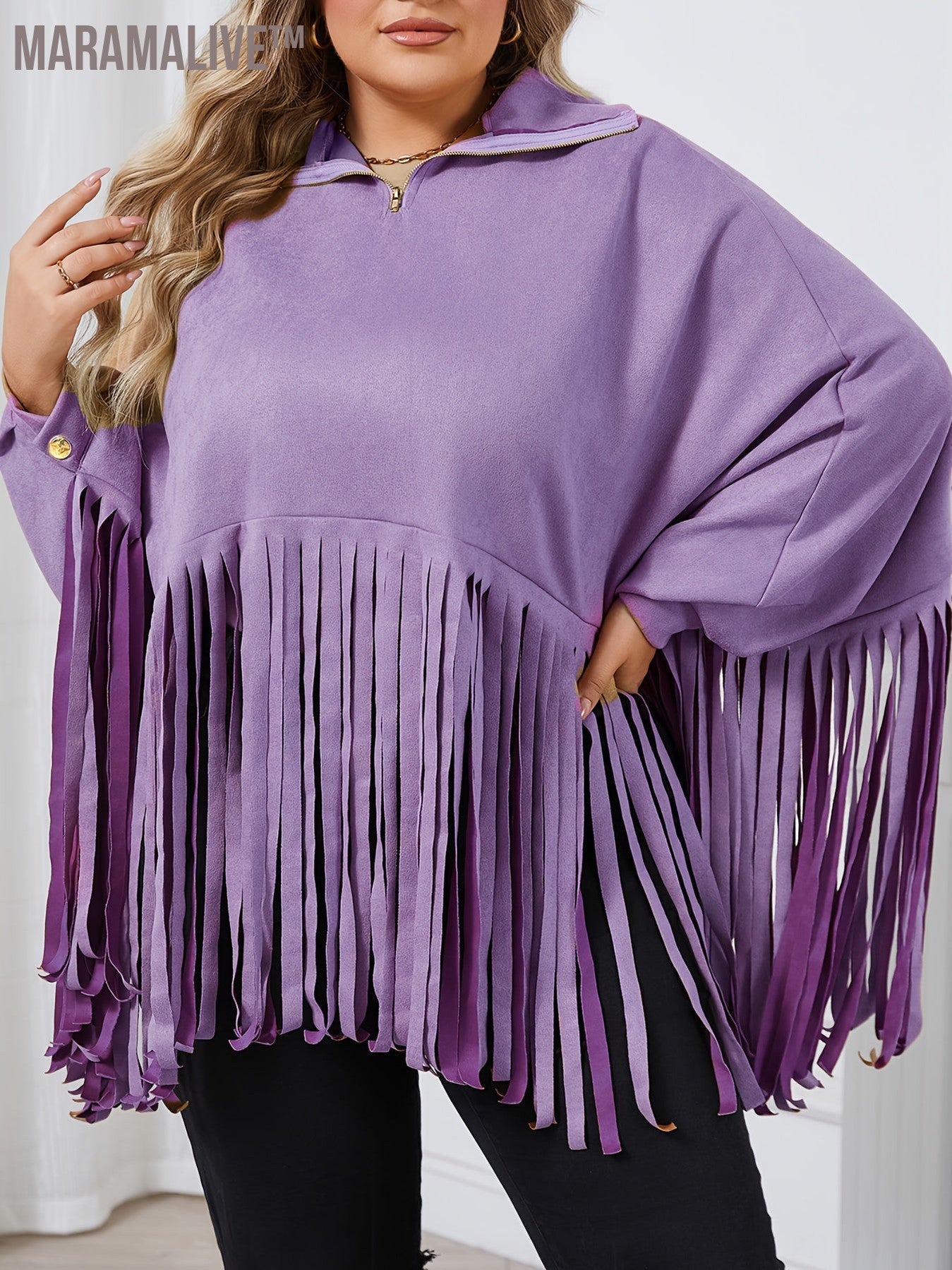 Plus Size Trendy Top, Women's Plus Solid Batwing Sleeve Mock Neck Fringe Trim Cloak Top