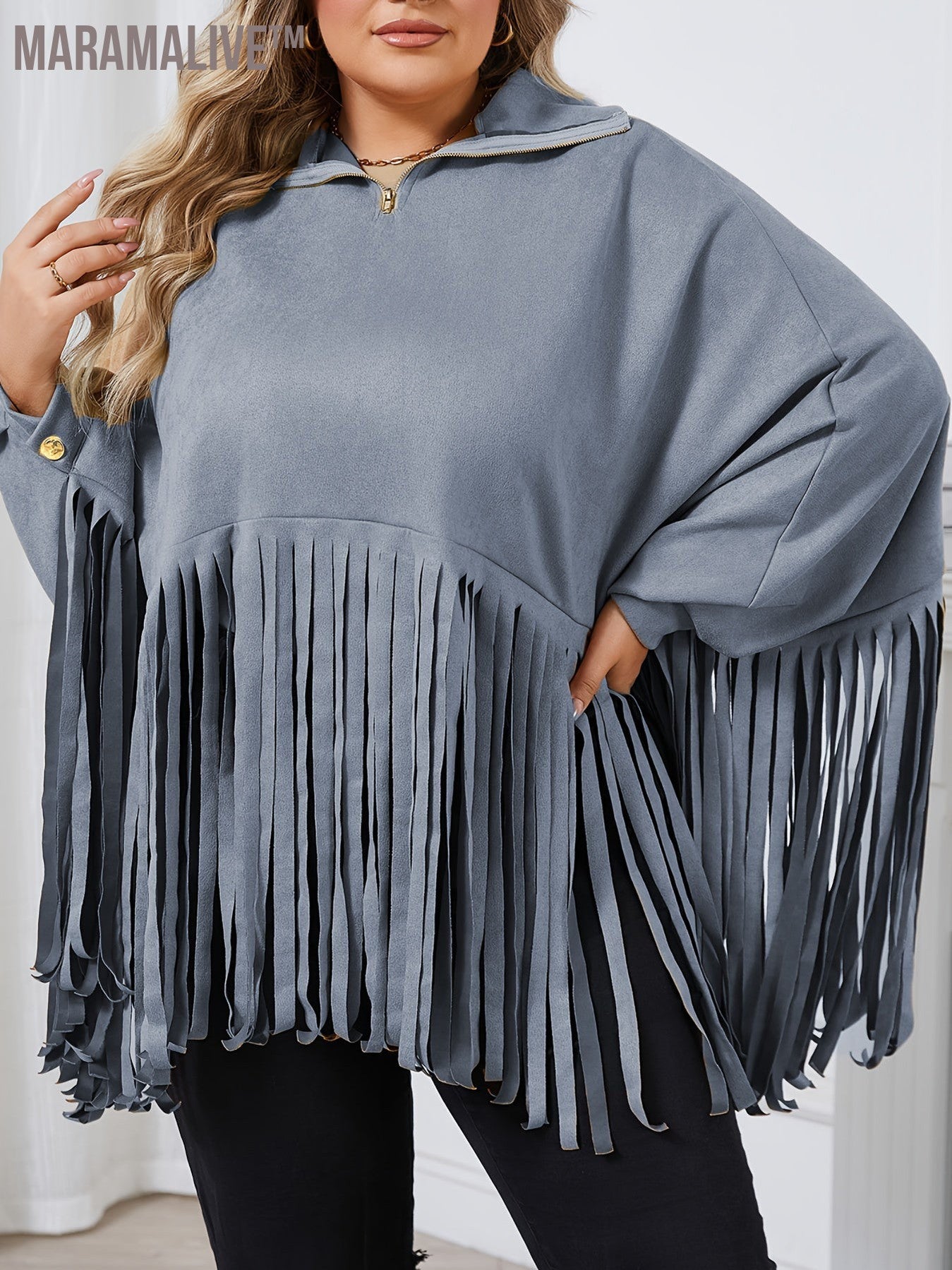 Plus Size Trendy Top, Women's Plus Solid Batwing Sleeve Mock Neck Fringe Trim Cloak Top