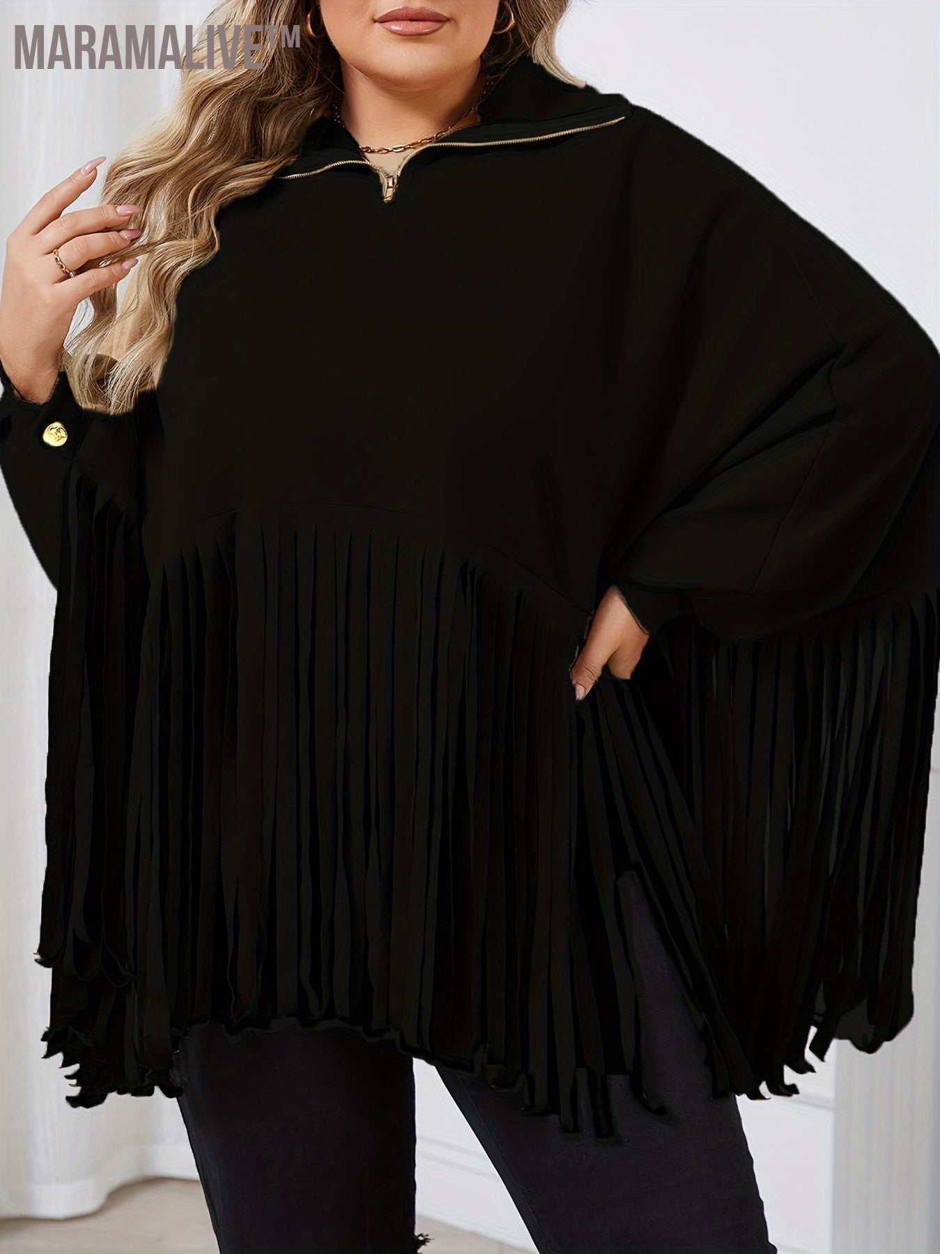 Plus Size Trendy Top, Women's Plus Solid Batwing Sleeve Mock Neck Fringe Trim Cloak Top