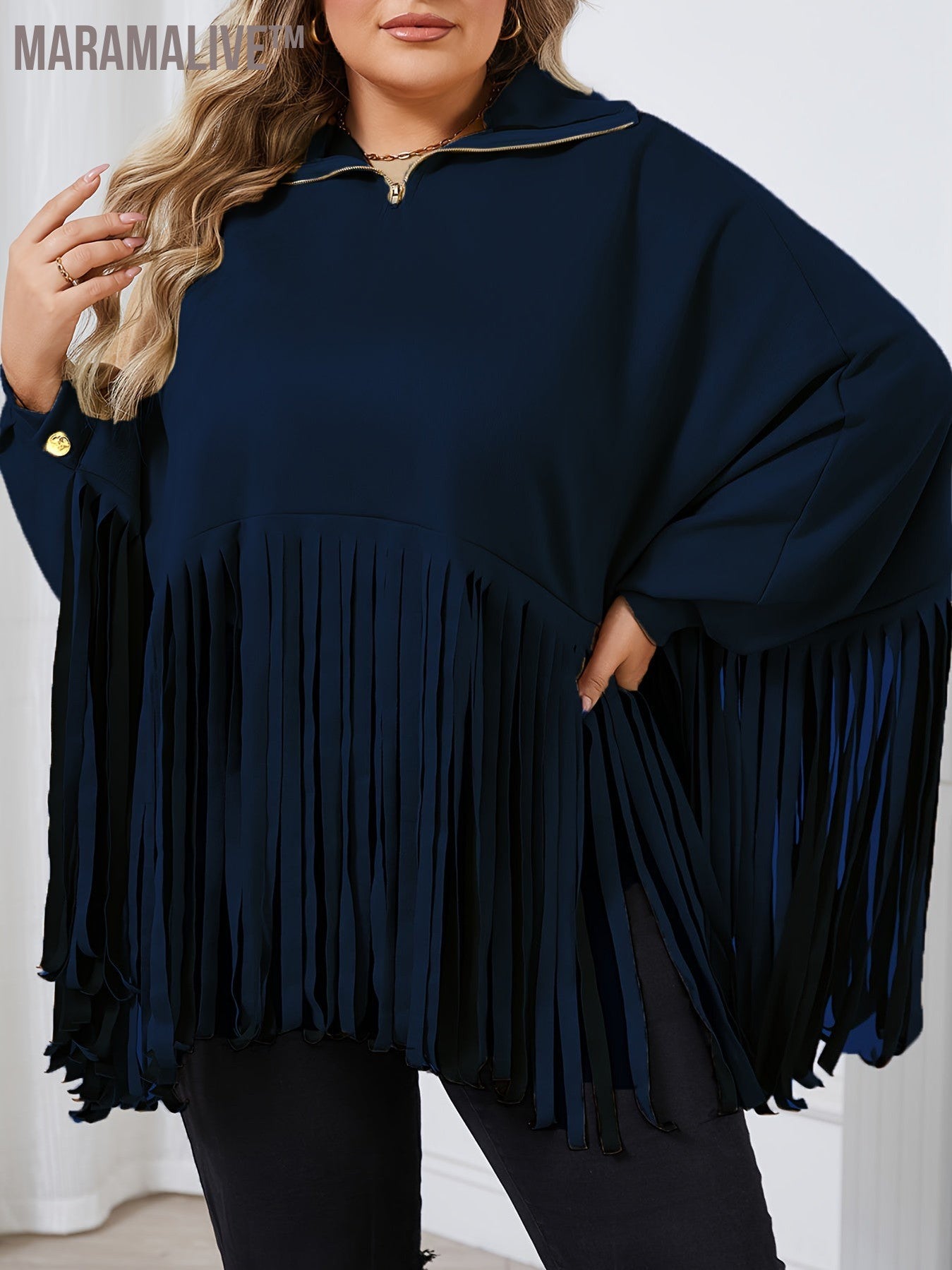 Plus Size Trendy Top, Women's Plus Solid Batwing Sleeve Mock Neck Fringe Trim Cloak Top