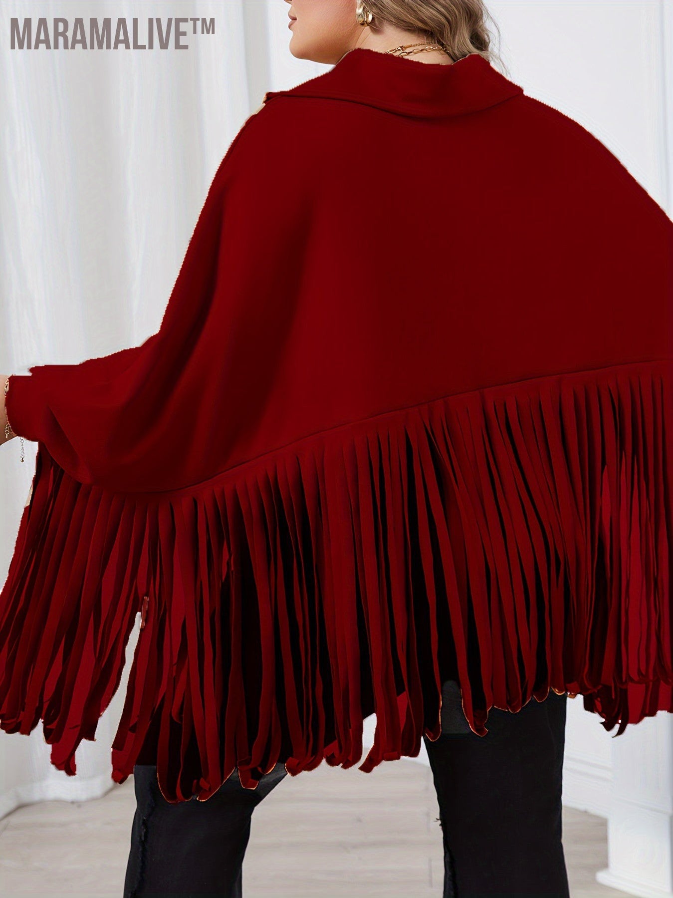 Plus Size Trendy Top, Women's Plus Solid Batwing Sleeve Mock Neck Fringe Trim Cloak Top