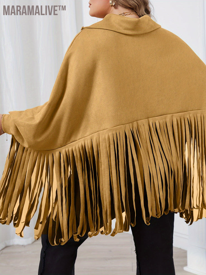 Plus Size Trendy Top, Women's Plus Solid Batwing Sleeve Mock Neck Fringe Trim Cloak Top